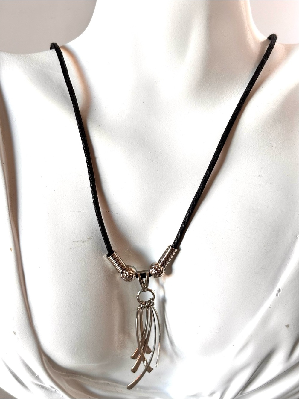 Handmade Silver Tassel Pendant Necklace on Black Cord
